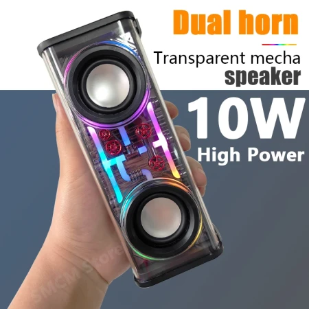 Dual-horn Transparent Mecha Mini Portable Wireless Bluetooth Speakers Outdoor Subwoofer TWS Small Steel Cannon RGB Color Lights